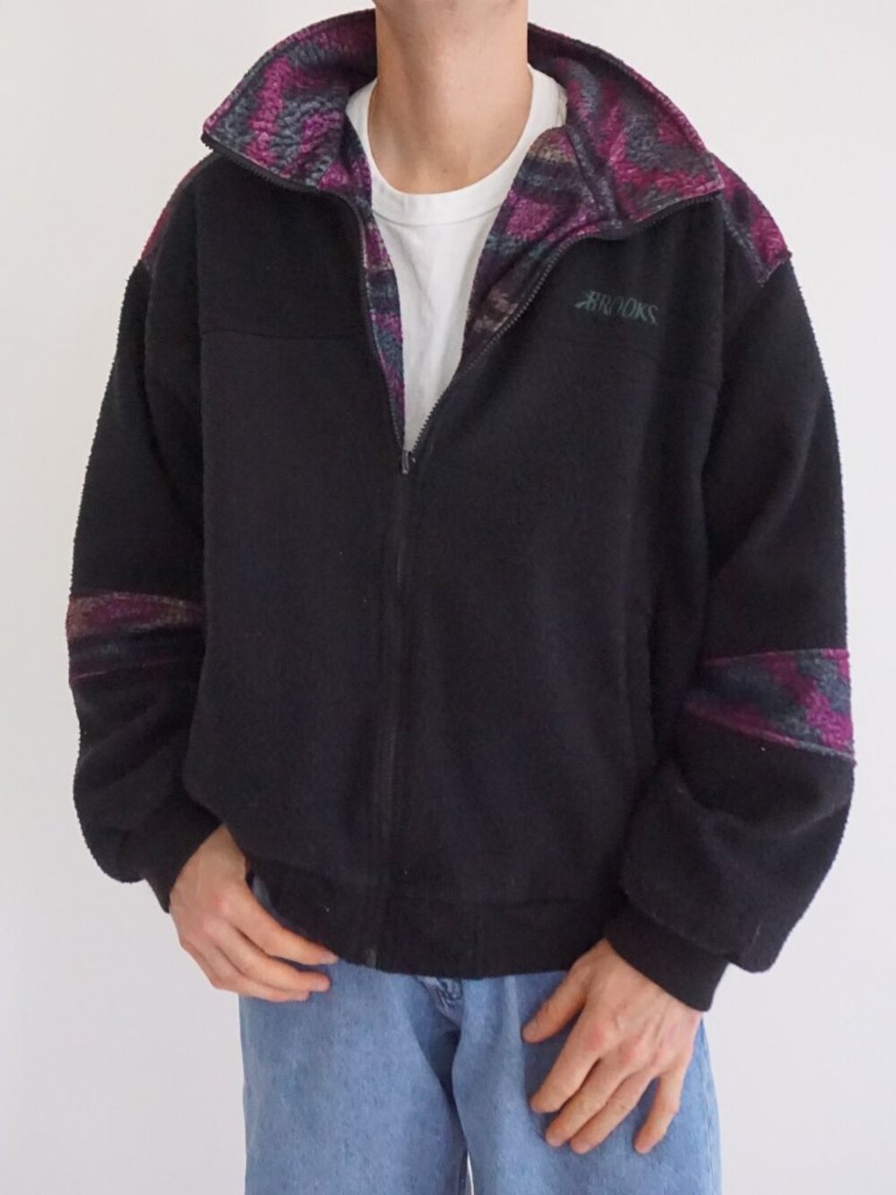 Vintage 90s Brooks Black Purple Gorpcore Geometric Print Zip Up Fleece Jacket XL
